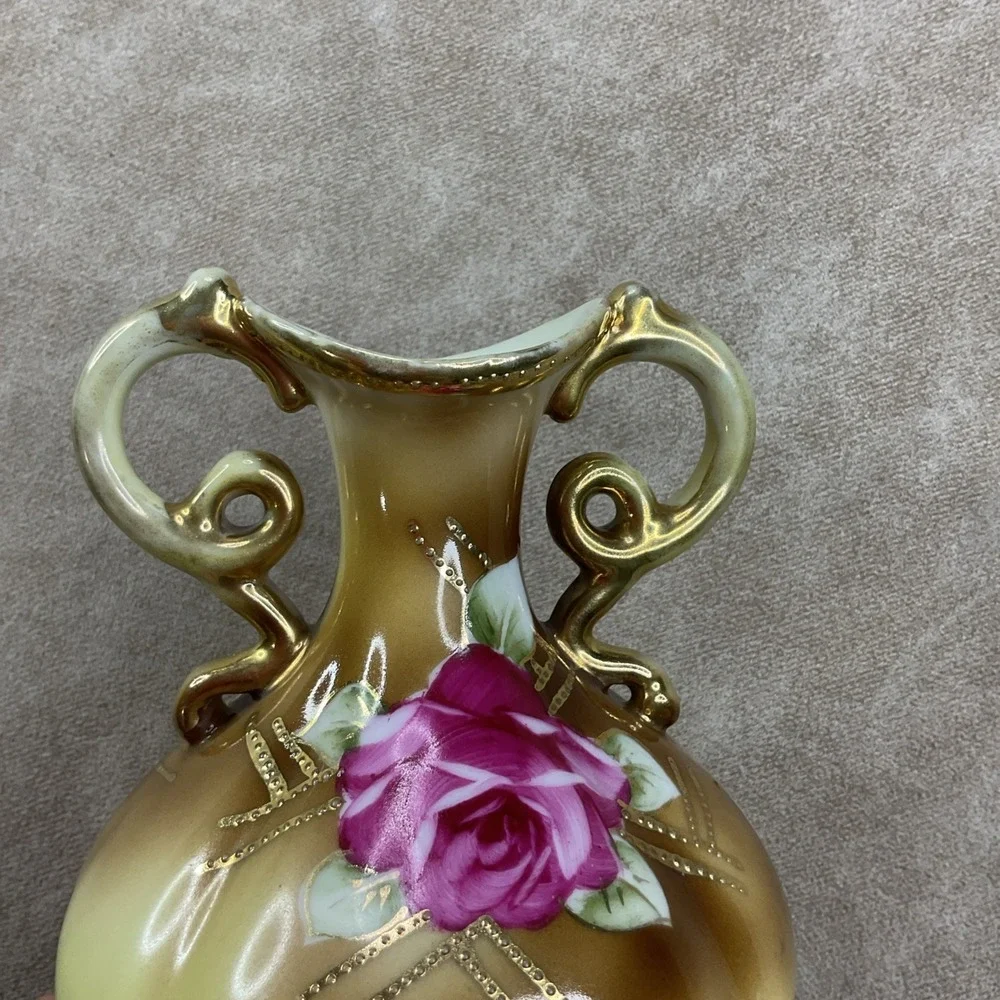 Antique Nippon Hand‎ Painted Bone China Beaded Gold Trim Two Handle Vase
